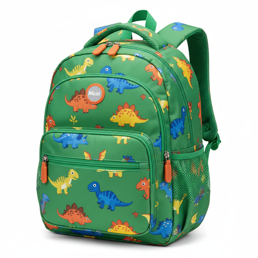 Green dinosaur print kids backpack with multiple compartments