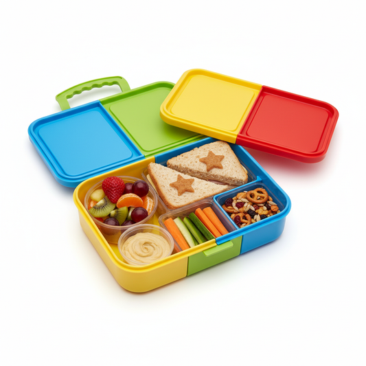 Colorful kids lunch box with multiple compartments filled with healthy food