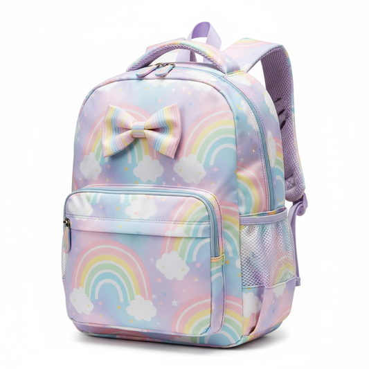 Pastel rainbow and stars girls backpack with bow detail