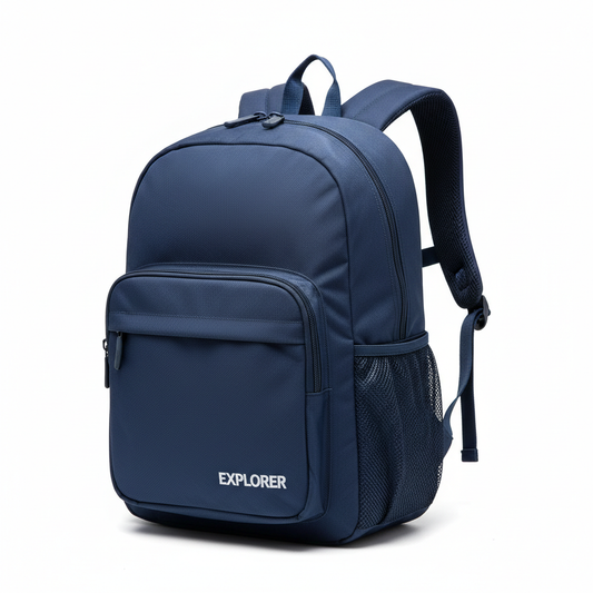 Classic navy blue kids backpack with multiple compartments and ergonomic straps