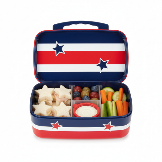 Sporty kids lunch box with bold athletic design and star accents
